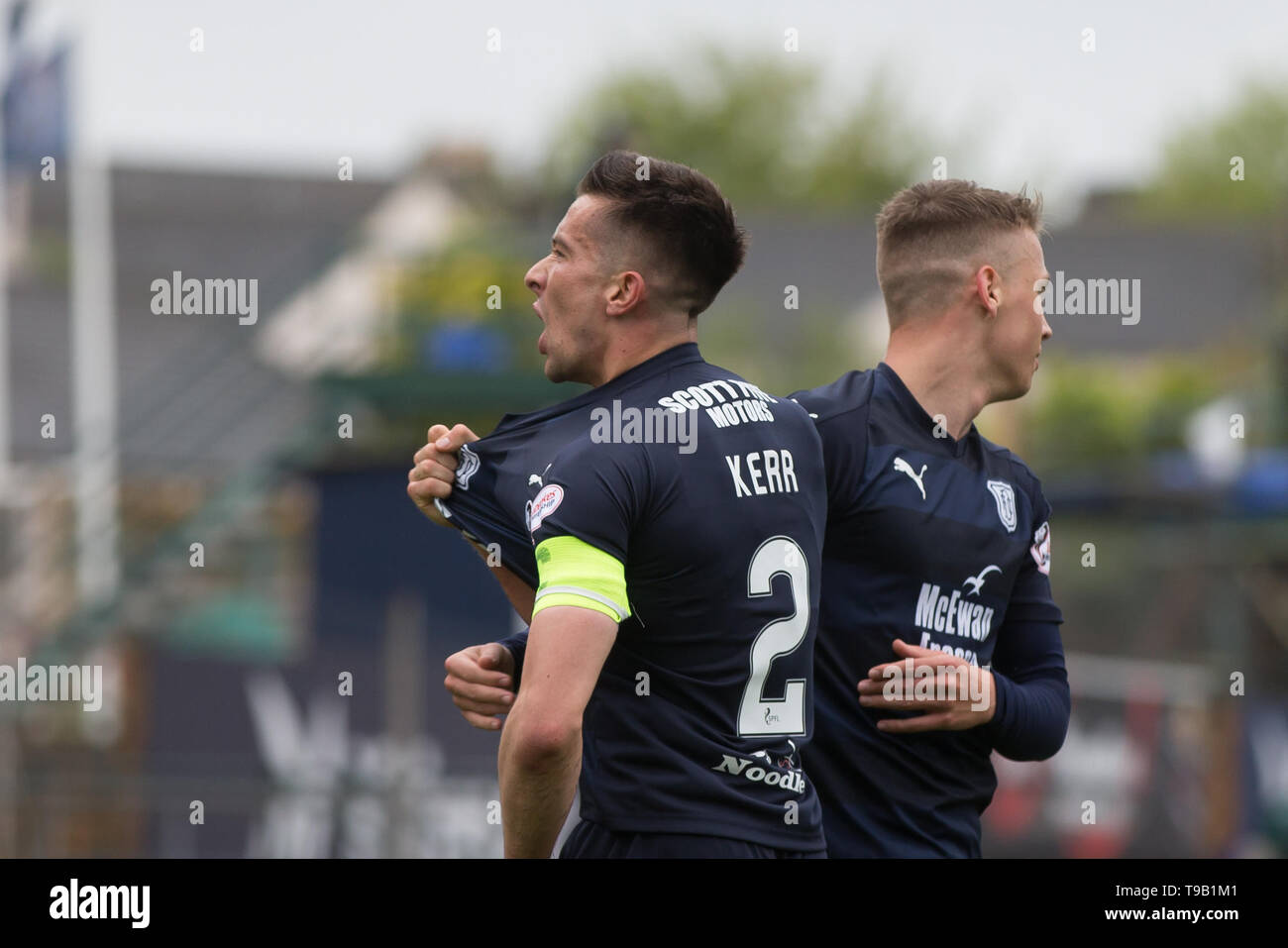 Dens Park, Dundee, UK. 18th May, 2019. Ladbrokes Premiership football, Dundee versus St Mirren; Cammy Kerr of Dundee is congratulated by Andrew Nelson after scoring for 1-0 in the 14th minute Credit: Action Plus Sports/Alamy Live News Credit: Action Plus Sports Images/Alamy Live News Stock Photo