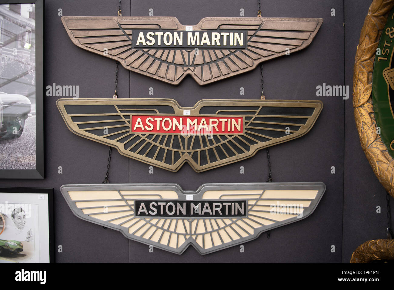 The Wormsley Estate, Stokenchurch, UK. 18th May 2019. 20th Anniversary edition of Bonhams annual sale dedicated to Aston Martin and Lagonda takes place on 19th May 2019. Image: Assorted Aston Martin signs for sale on auction day. Credit: Malcolm Park/Alamy Live News. Stock Photo