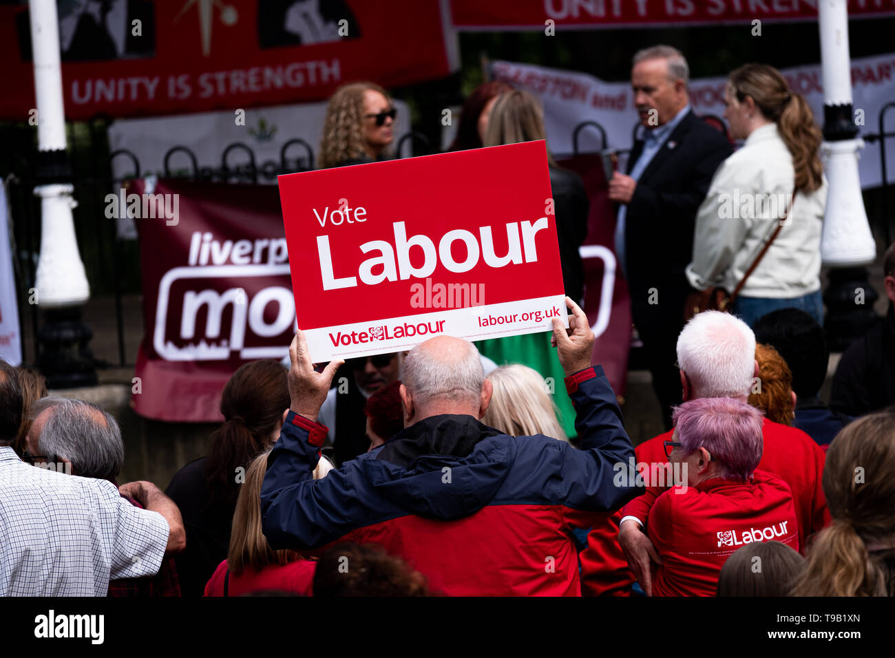 Bootle, UK. May 18, 2019. The leader of the opposition, Jeremy Corbyn MP, visits Bootle, Merseyside in the north west of England, on Saturday, May 18, 2019, as part of a campaign trail ahead of the upcoming European Parliament elections. Credit: Christopher Middleton/Alamy Live News Stock Photo