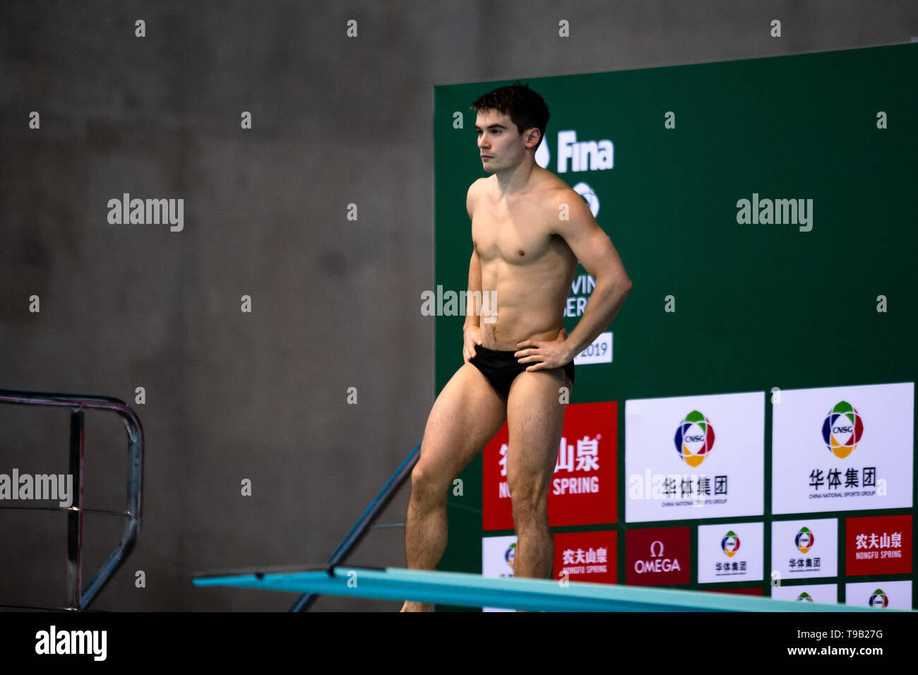 London, UK. 18th May, 2019. Daniel Goodfellow of Great Britain competes in Men’s 3m Springboard during FINA/CNSG Diving World Series Final at London Aquatics Centre on Saturday, 18 May 2019. London England.  Credit: Taka G Wu/Alamy Live News Stock Photo
