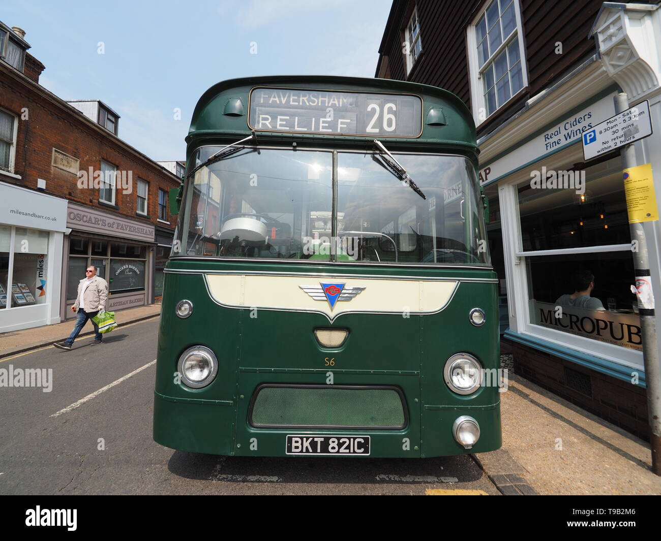 Faversham, Kent, UK. 18th May, 2019. 25th Faversham Transport Weekend: the first day of this annual transport festival show casing a range of vintage buses and commercial transport. A vintage Leyland AEC single decker bus. Credit: James Bell/Alamy Live News Stock Photo