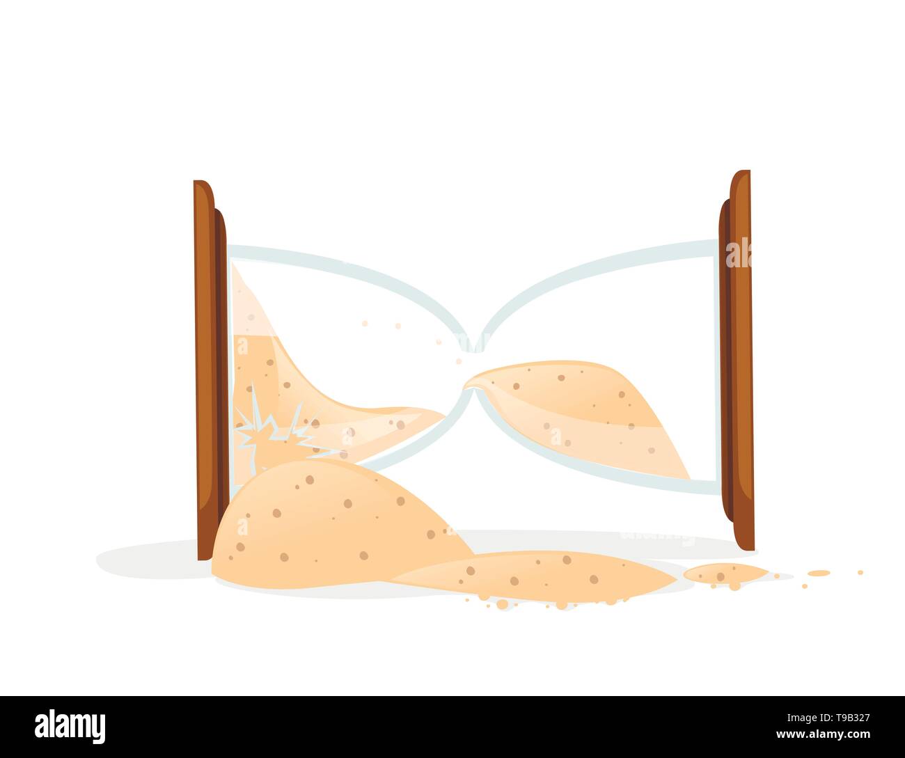 Broken Hourglasses colored icon. Sand pours out. Flat vector illustration isolated on white background. Antique time measurement. Transparent glass. Stock Vector