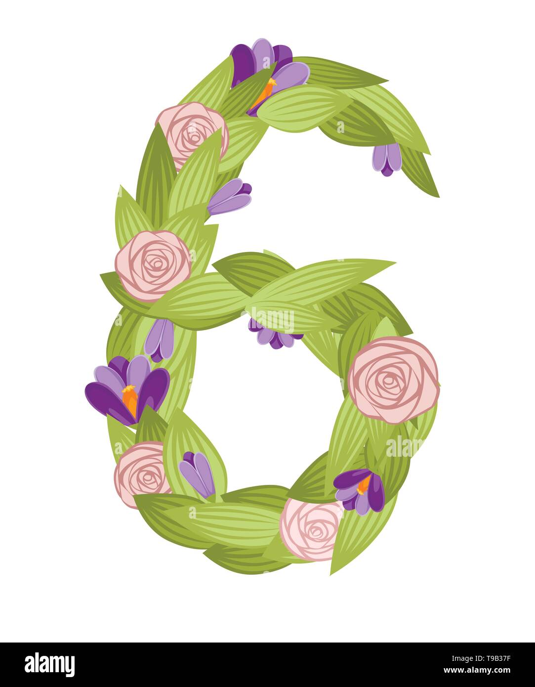 Number six. Cartoon flower font design. Number 6 with flowers and
