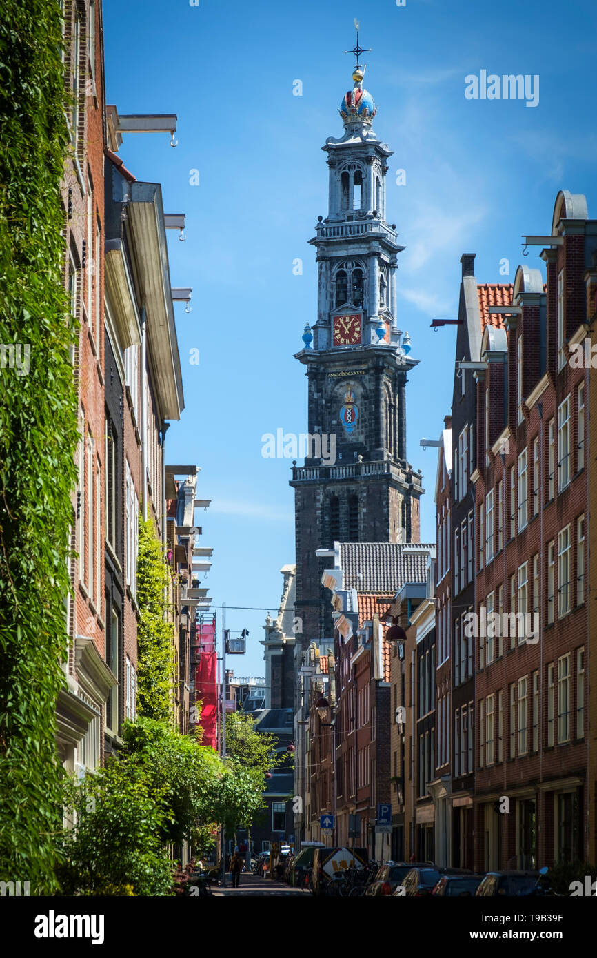 The bell tower of the Westerkerk rises above the eighteenth century houses in the Jordaan, Amsterdam, The Netherlands. Stock Photo
