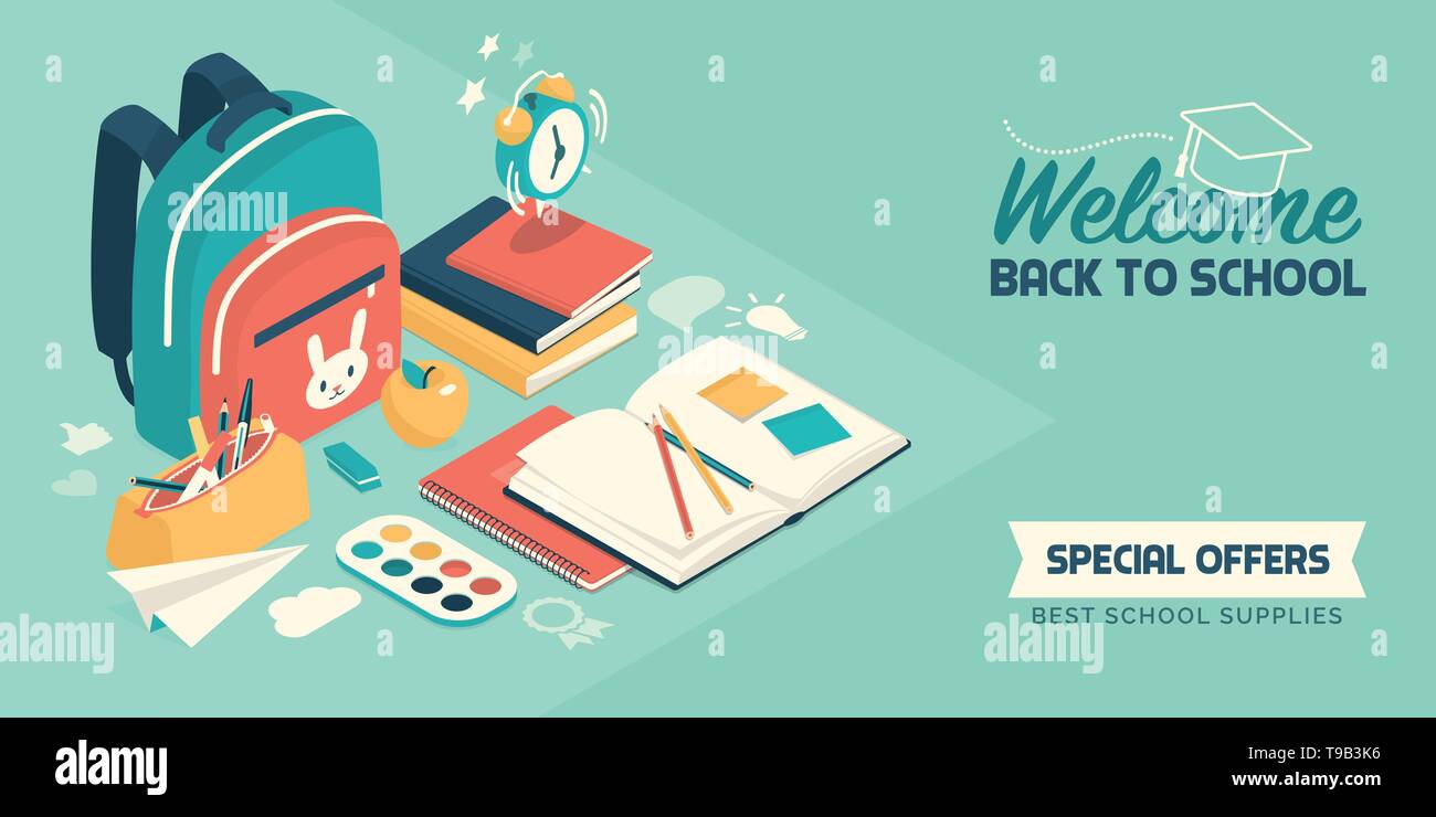 Back to school banner with isometric educational supplies and school items: creativity, education and childhood concept Stock Vector