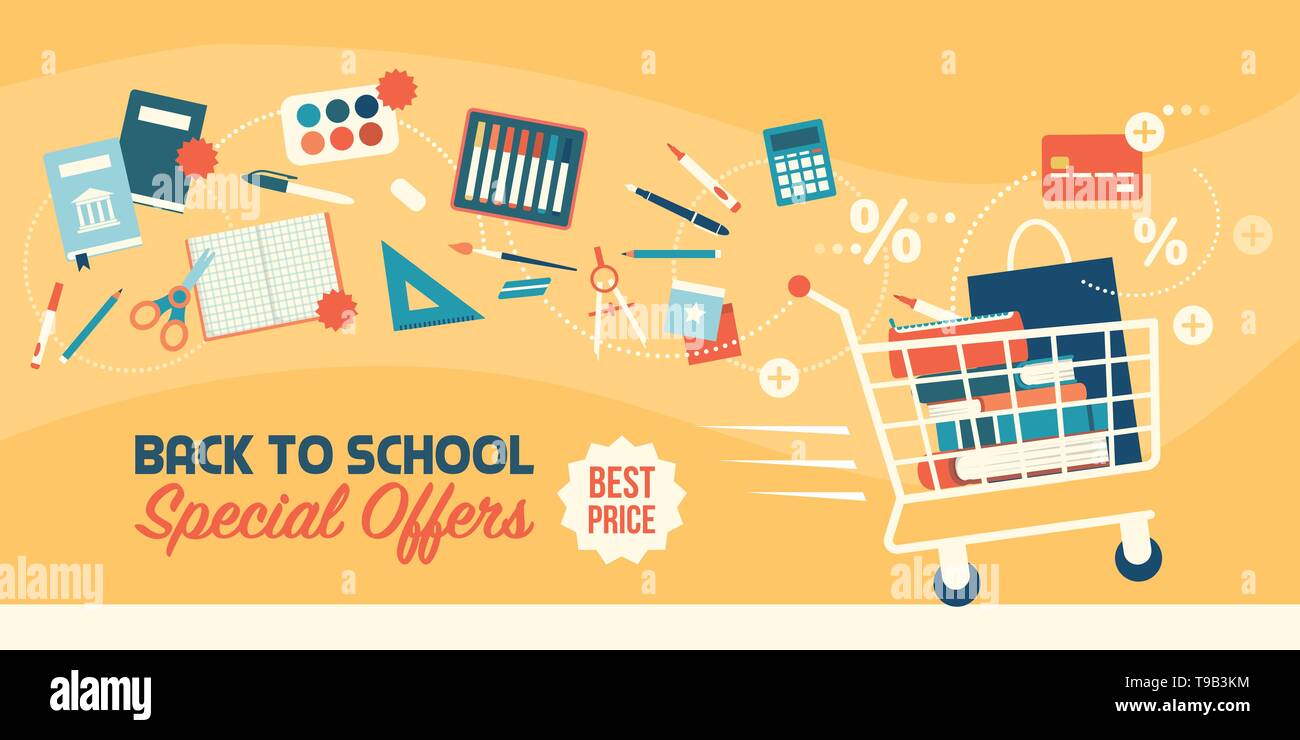 Back to school shopping discounts: full shopping cart, educational supplies and stationery items Stock Vector