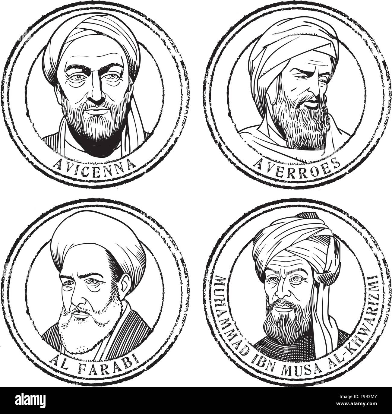 Islamic scientists portraits stamp set, illustration Stock Vector