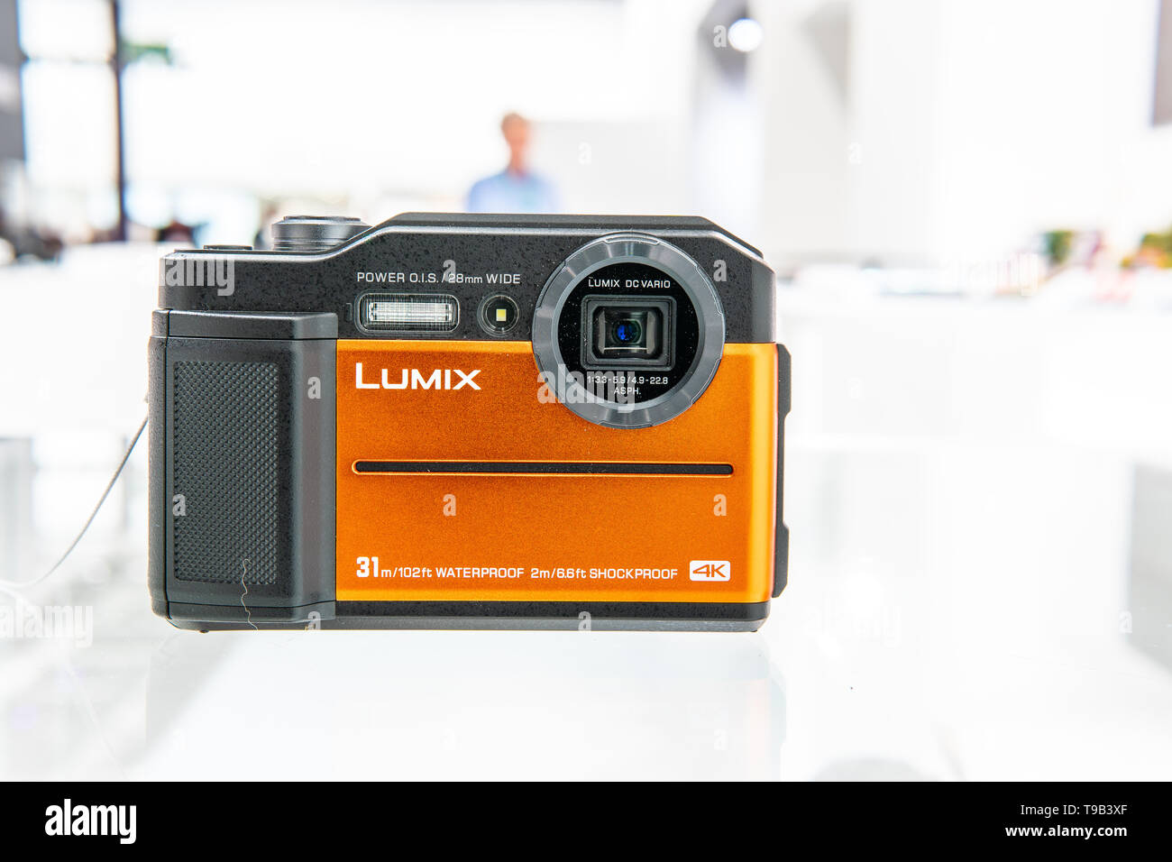 Panasonic Lumix DMC-FT7 4K WIFI Waterproof Shockproof Camera on display at Panasonic exhibition showroom, stand at Global Innovations Show IFA 2018 Stock Photo