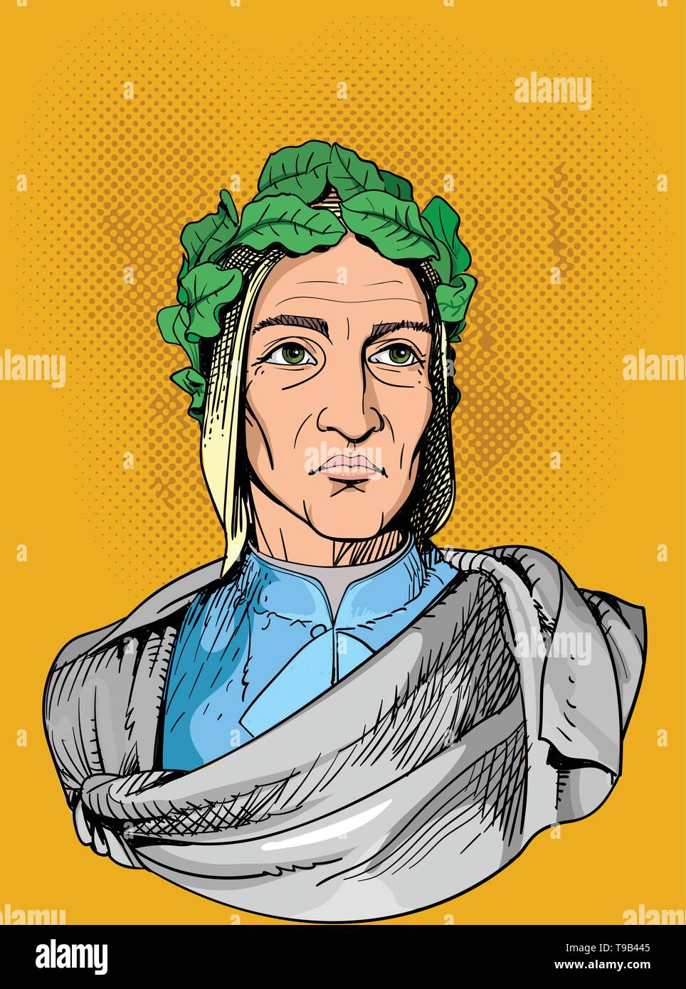 Durante Degli Alighieri, was an Italian poet during the Late Middle Ages. Line art portrait. Vector Stock Vector