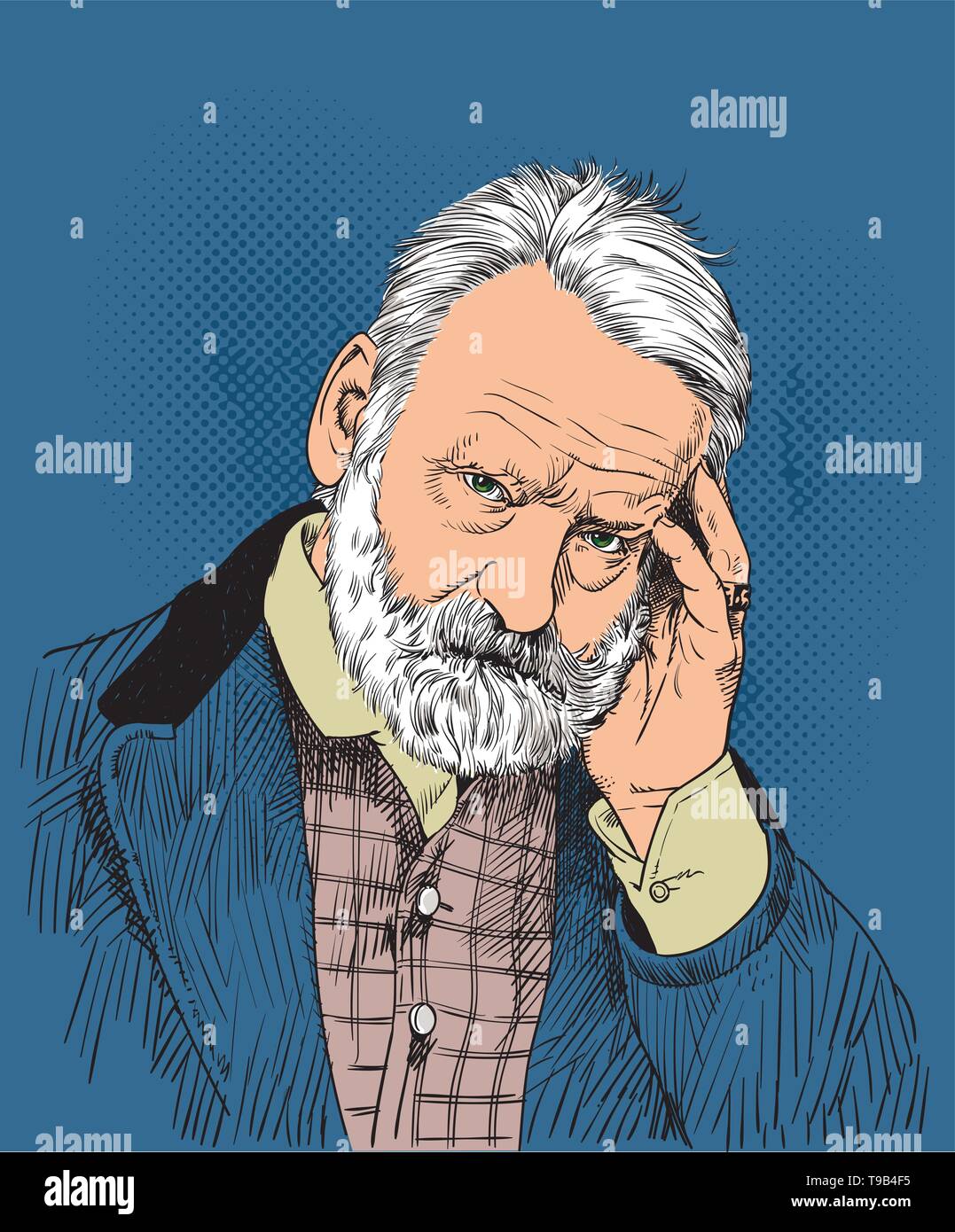 Victor Marie Hugo portrait in line art. He was a French poet, novelist and dramatist Stock Vector