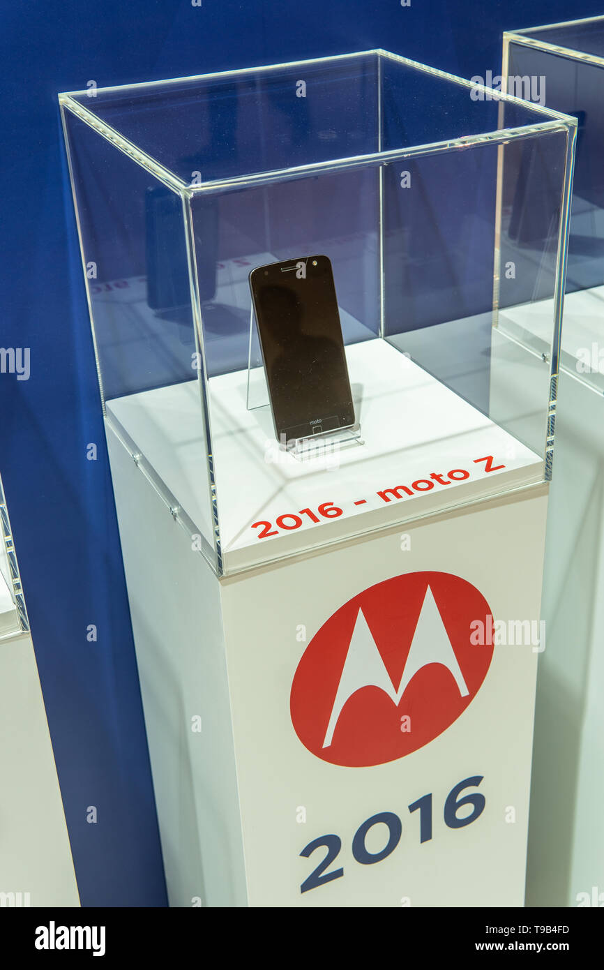 Motorola DynaTac, StarTac, Razr, Moto G, Moto Z, 5G mod smartphone at Motorola exhibition pavilion showroom, stand at Global Innovations Show IFA 2018 Stock Photo