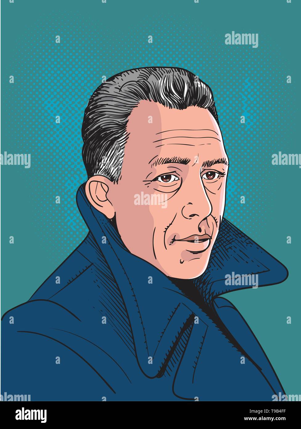 Albert Camus was a French philosopher, author, and journalist, line art portrait. Vector Stock Vector