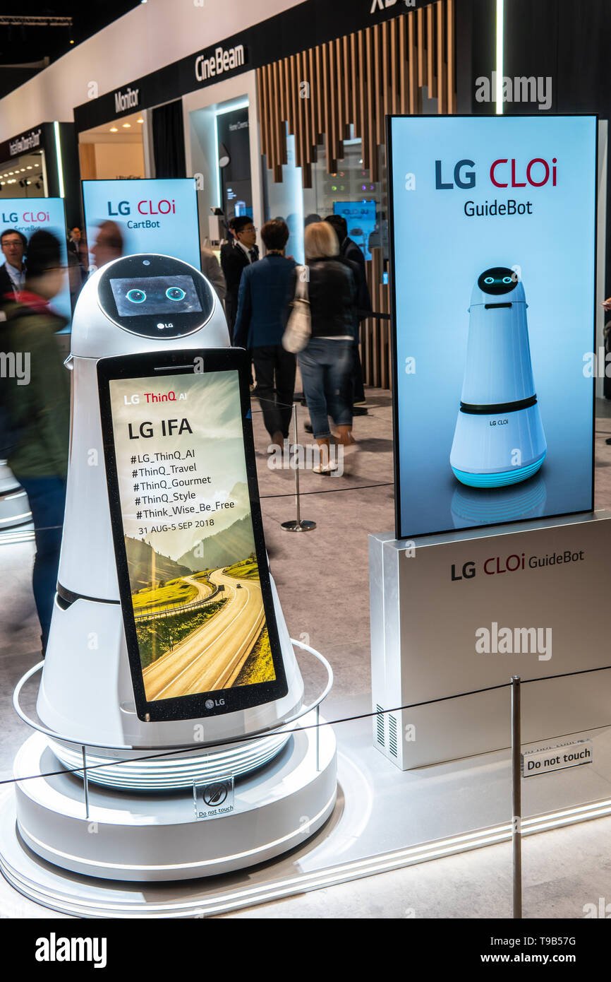 Berlin, Germany, August 31, 2018, LG CLOi ThinQ AI Bot smart robot artificial intelligence on display, LG exhibition at Global Innovations Show IFA Stock Photo