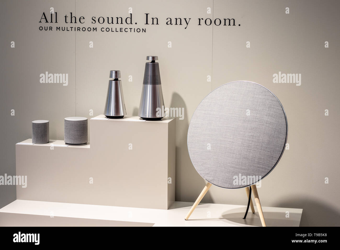 Berlin, Germany, August 31, 2018, Bang & Olufsen Beoplay music box Wireless  Bluetooth Streaming, portable speaker at Bang & Olufsen B&O exhibition  Stock Photo - Alamy