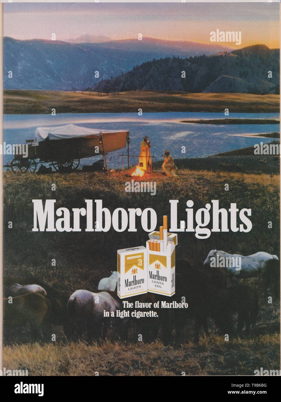 poster advertising Marlboro Lights cigarettes in magazine from 1992, The flavor of Marlboro in a light cigarette slogan from 1990s Stock Photo