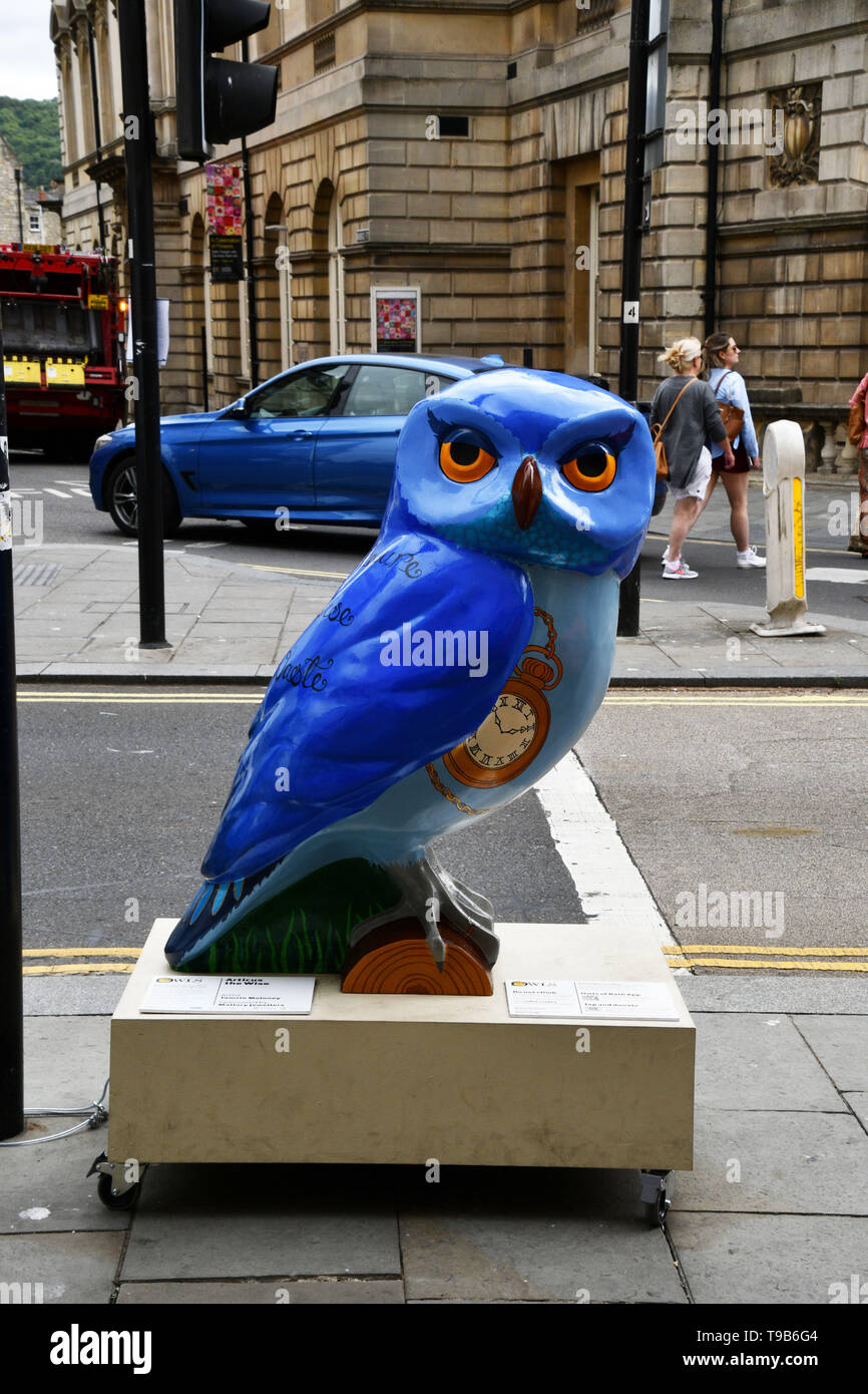 Articus the Wise Owl in Bath during 2018 event.All of the Owls were sponsored and auctioned at the end of the event with  profits going to local chari Stock Photo