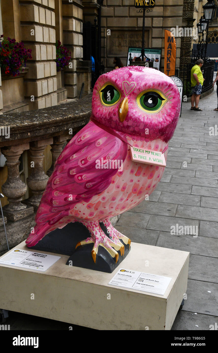 Minerva's Night Owl outside the Guildhall in Bath during 2018 event.All of the Owls were sponsored and auctioned at the end of the event with  profits Stock Photo