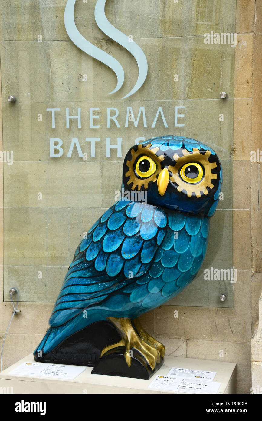 Owl outside the Bath Spa during 2018 event.All of the Owls were sponsored and auctioned at the end of the event with  profits going to local charities Stock Photo