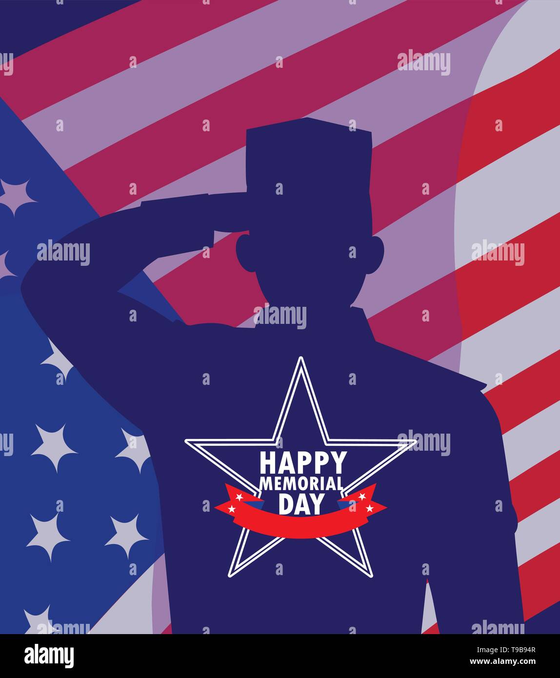 happy memorial day card with flag usa and silhouette of military vector ...