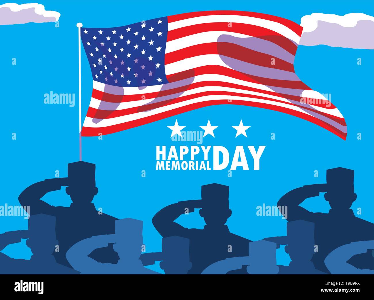 happy memorial day card with flag usa and silhouette of militaries ...