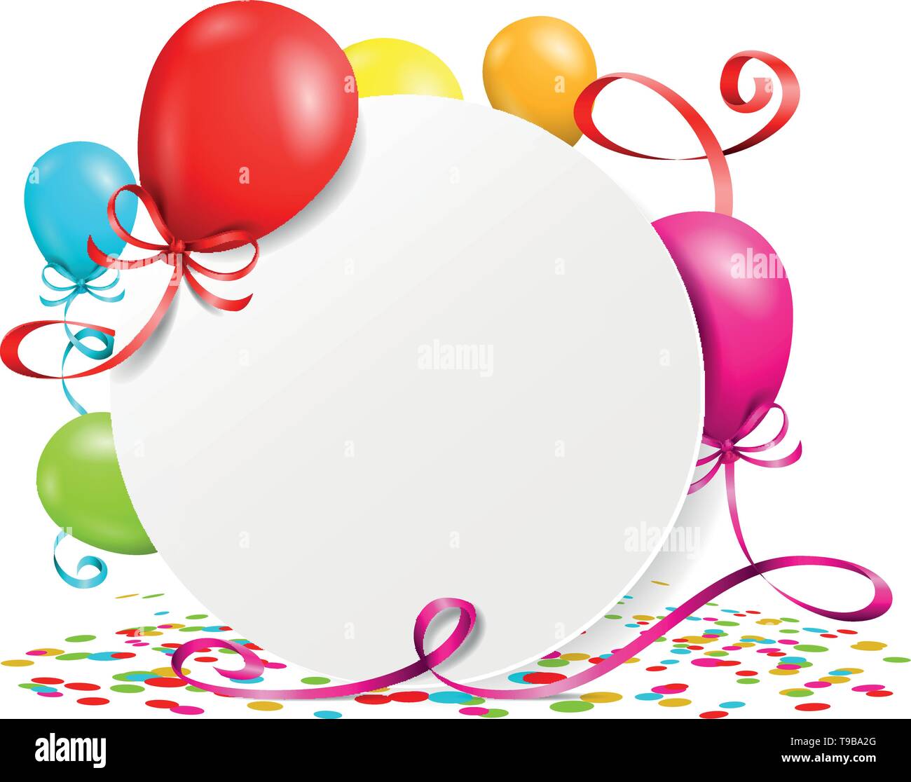 Button with balloons, confetti and streamers Stock Vector