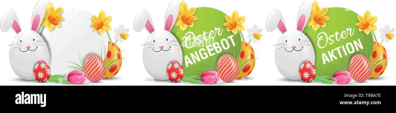 Oster Angebot, Oster Aktion Easter Action Offer Buttons Set with Easter bunny and painted Easter eggs isolated vector design Stock Vector