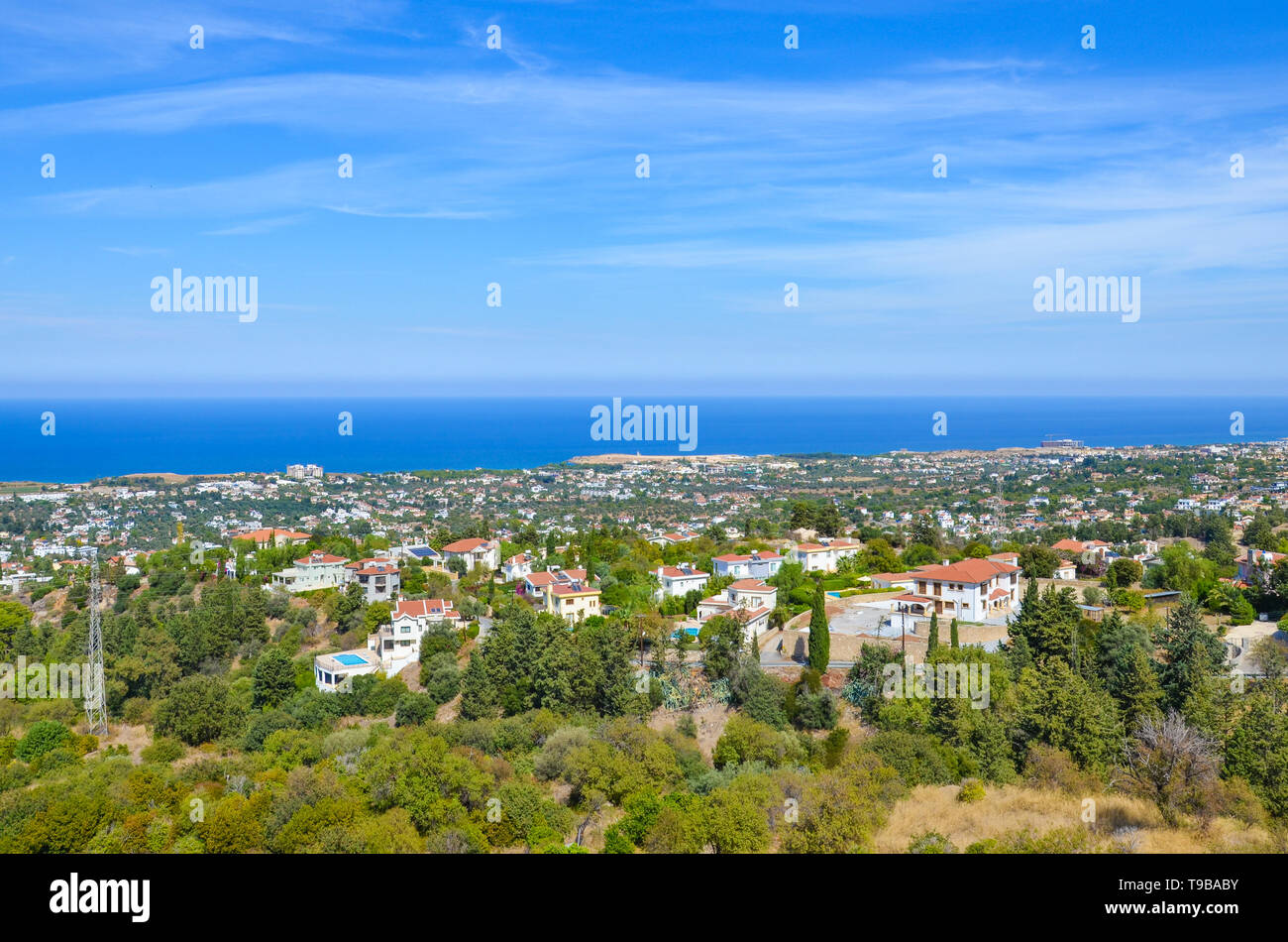 Beautiful countryside in Cypriot Kyrenia region overlooking Mediterranean sea. The amazing place is a popular tourist attraction and vacation spot Stock Photo