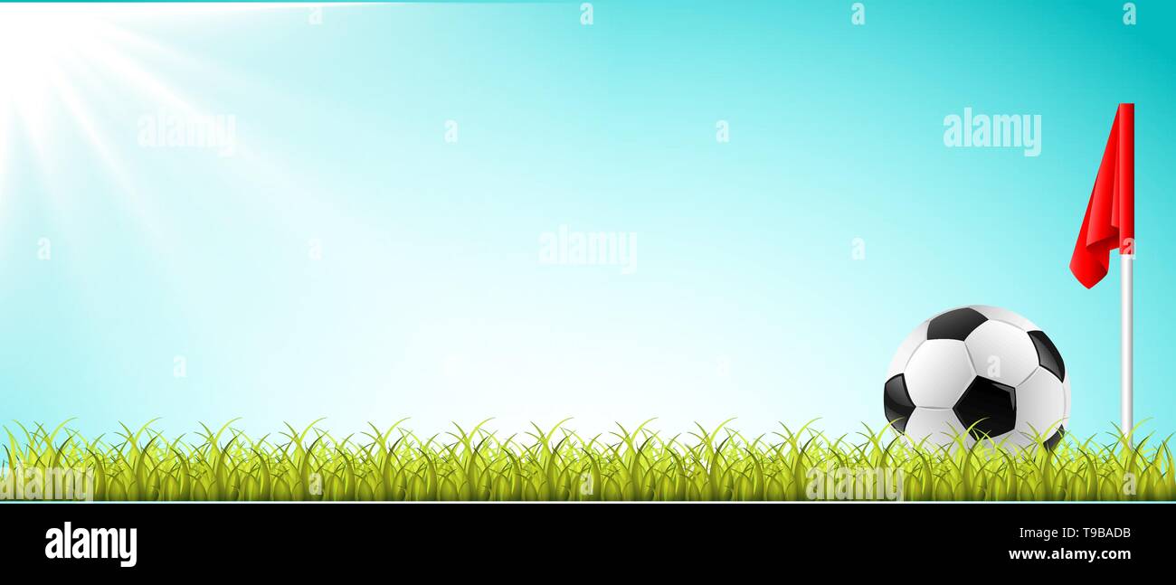 Soccer football lying on the lawn with corner banner and sunny blue sky vector design Stock Vector