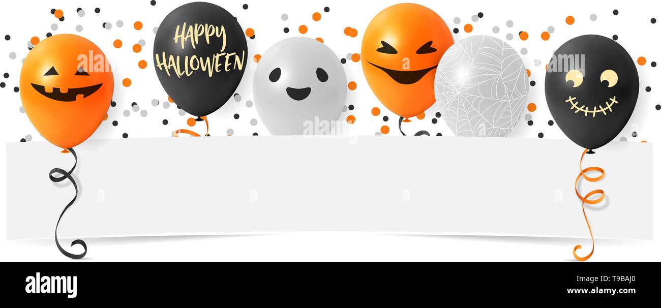 Happy Halloween banner with pumpkin balloons and confetti Stock Vector