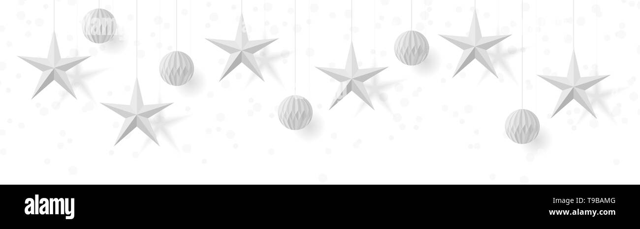 Hanging paper stars and christmas baubles ornament vector background Stock Vector