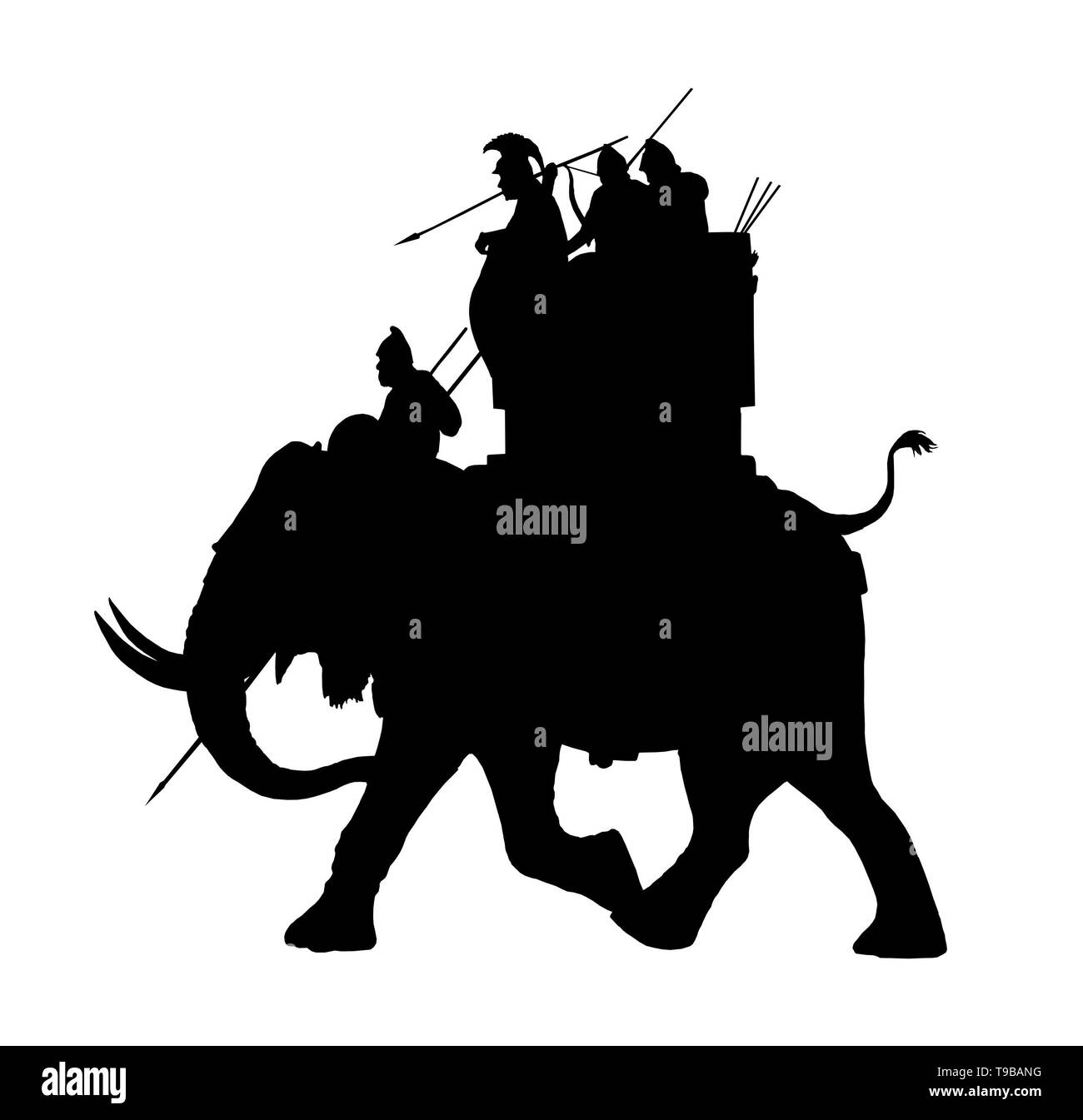 War elephant illustration, army of Carthage. Isolated black white historical illustration. Stock Photo
