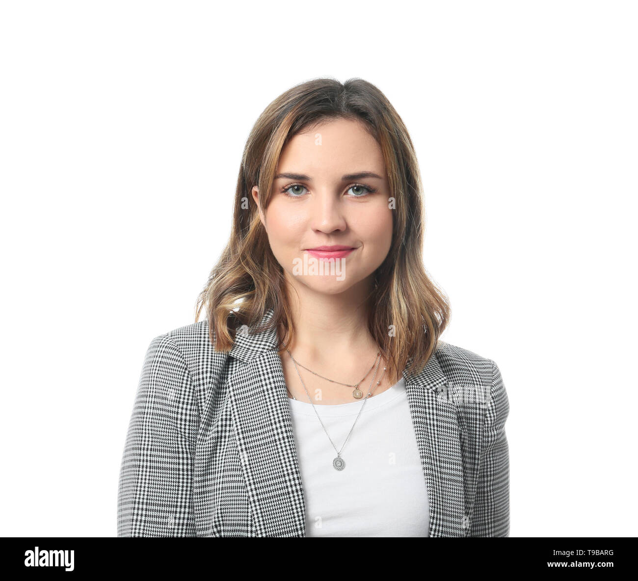 Portrait of beautiful young woman on white background Stock Photo - Alamy
