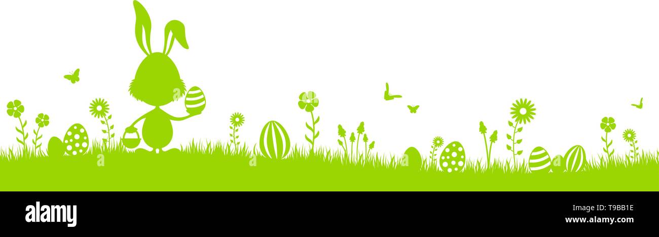 Happy easter silhouette green with easter bunny and easter eggs on meadow Stock Vector