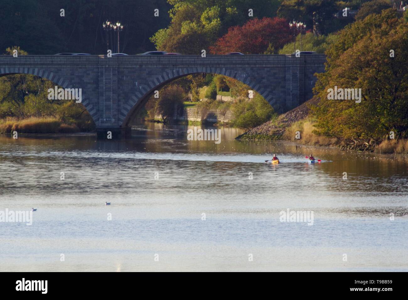 Pair of Kayakers by the Bridge of Don. 5 Arch Granite Road Bridge 1830