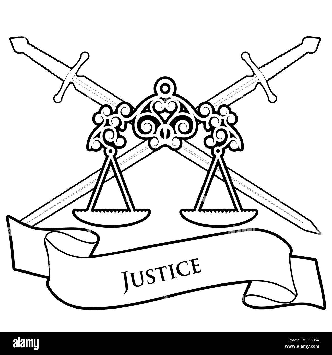 Symbols of Justice. Scale and two crossed swords, isolated on white background. Text banner