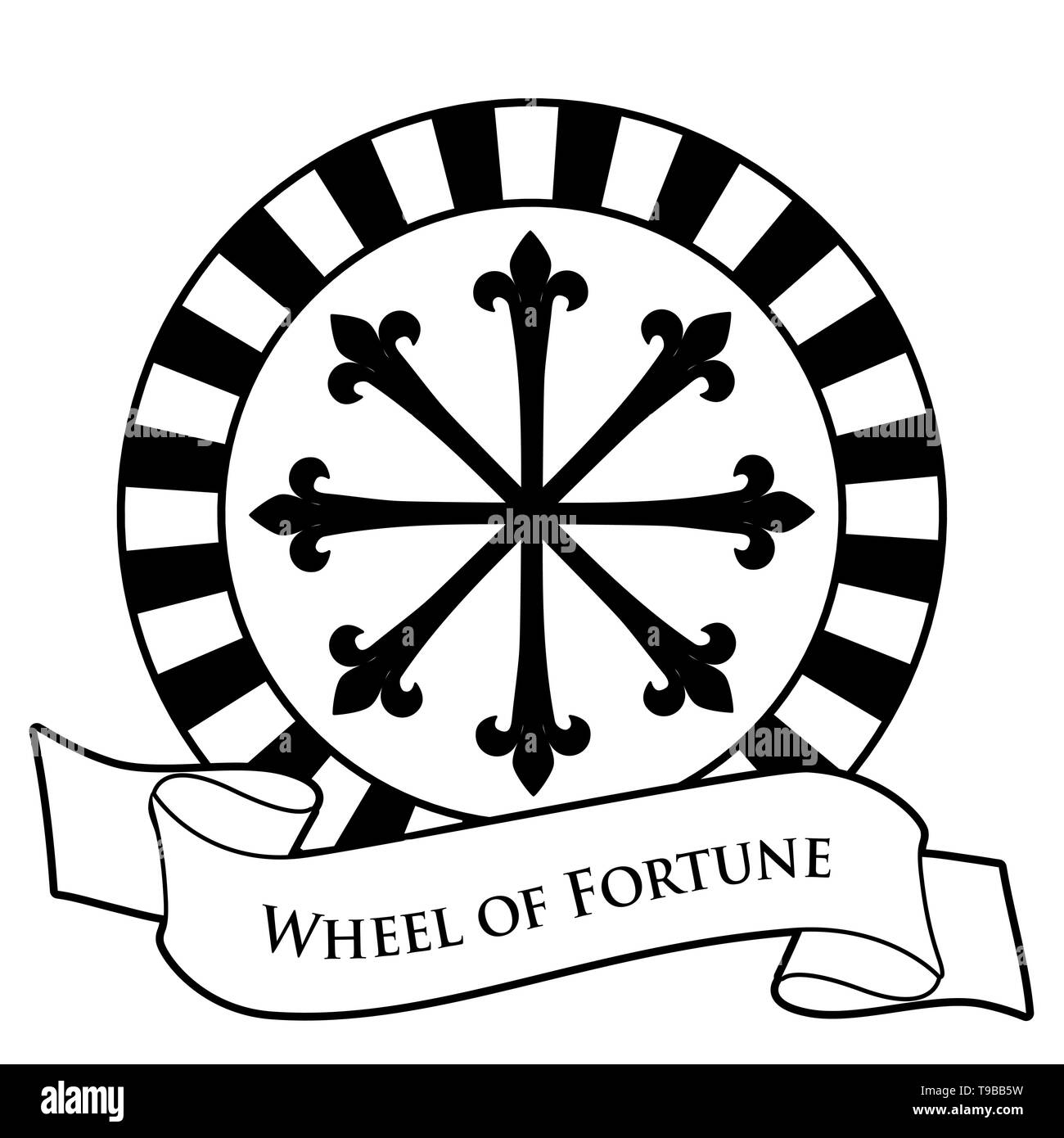Tarot Card Concept. Wheel of Fortune and text banner isolated on white background Stock Vector