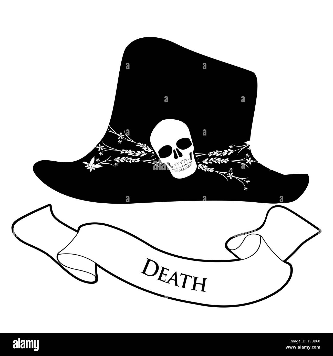 Tarot Card Concept. Death. Hat decorated with flowers, skull and text banner isolated on white background Stock Vector