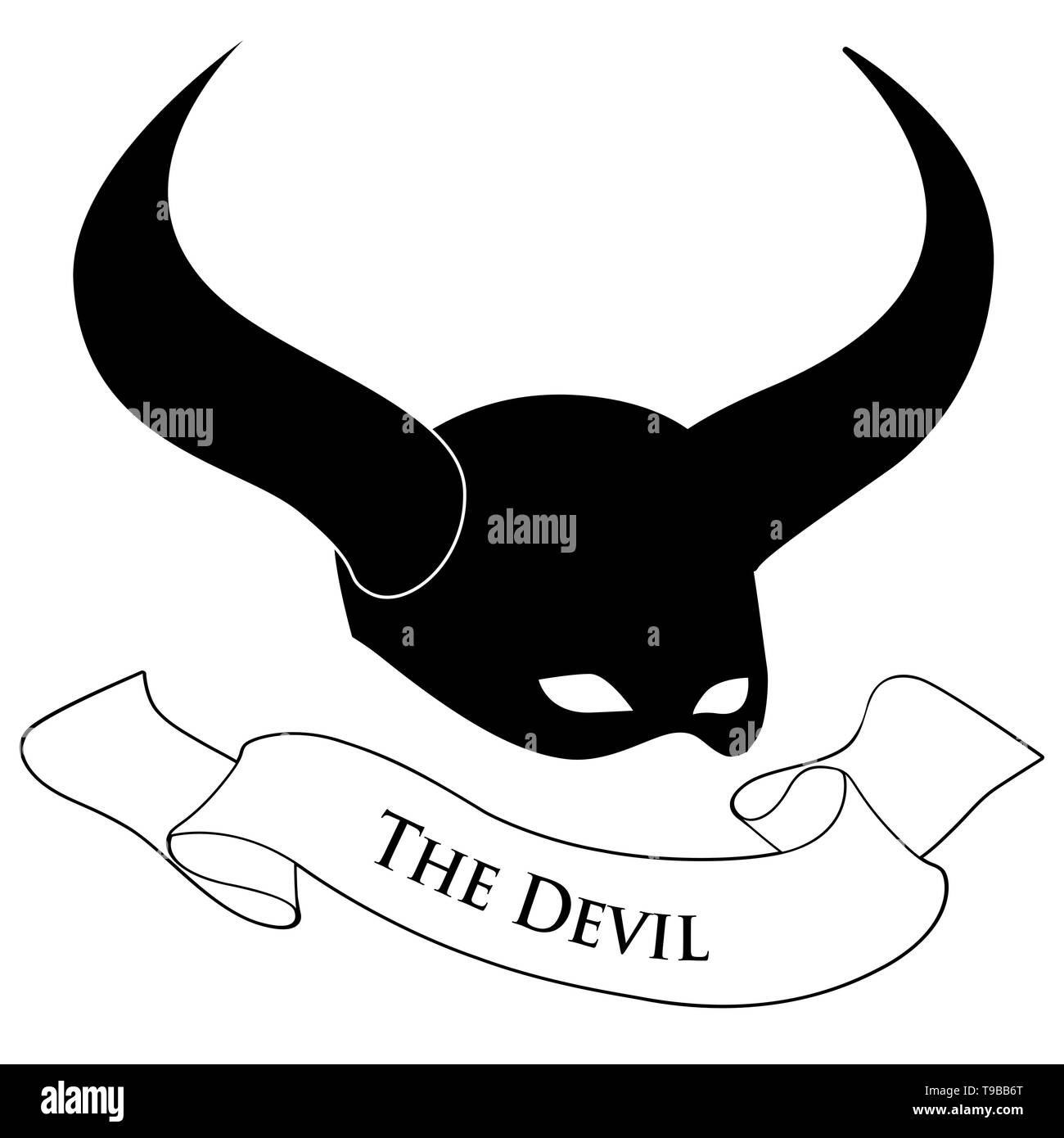 Tarot Card Concept. Devil. Mask with horns. Devil costume and text banner isolated on white background. Stock Vector