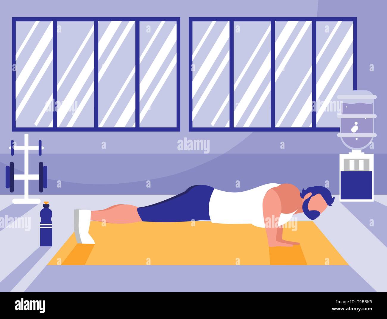 young athletic man doing chest push ups in gym vector illustration ...