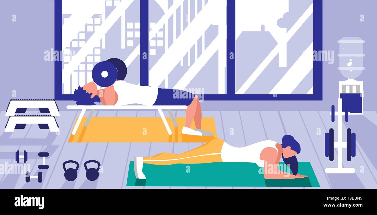 young athletic couple doing chest push ups in gym vector illustration ...