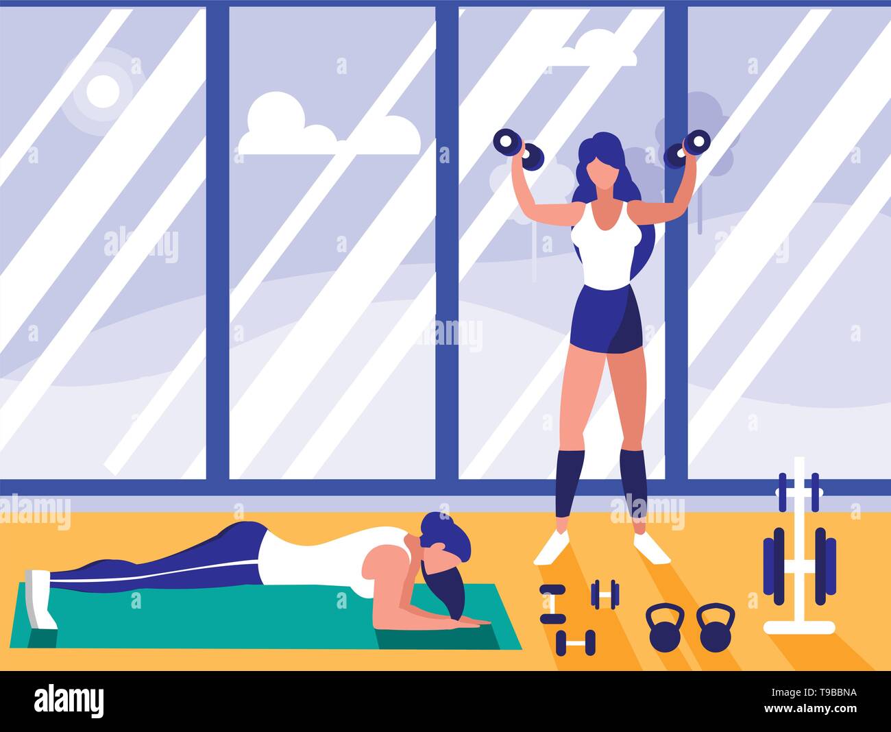 athletic women lifting dumbbells and doing chest push ups in gym vector ...