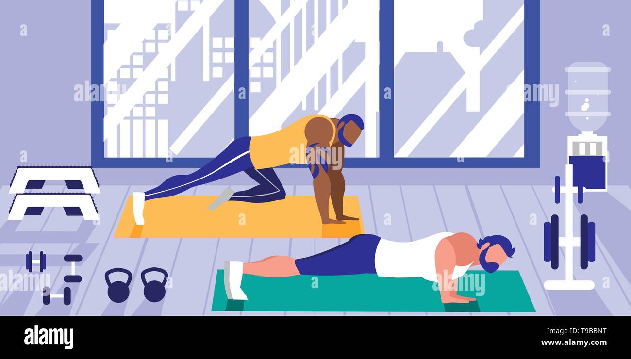young athletic men doing chest push ups in gym vector illustration ...