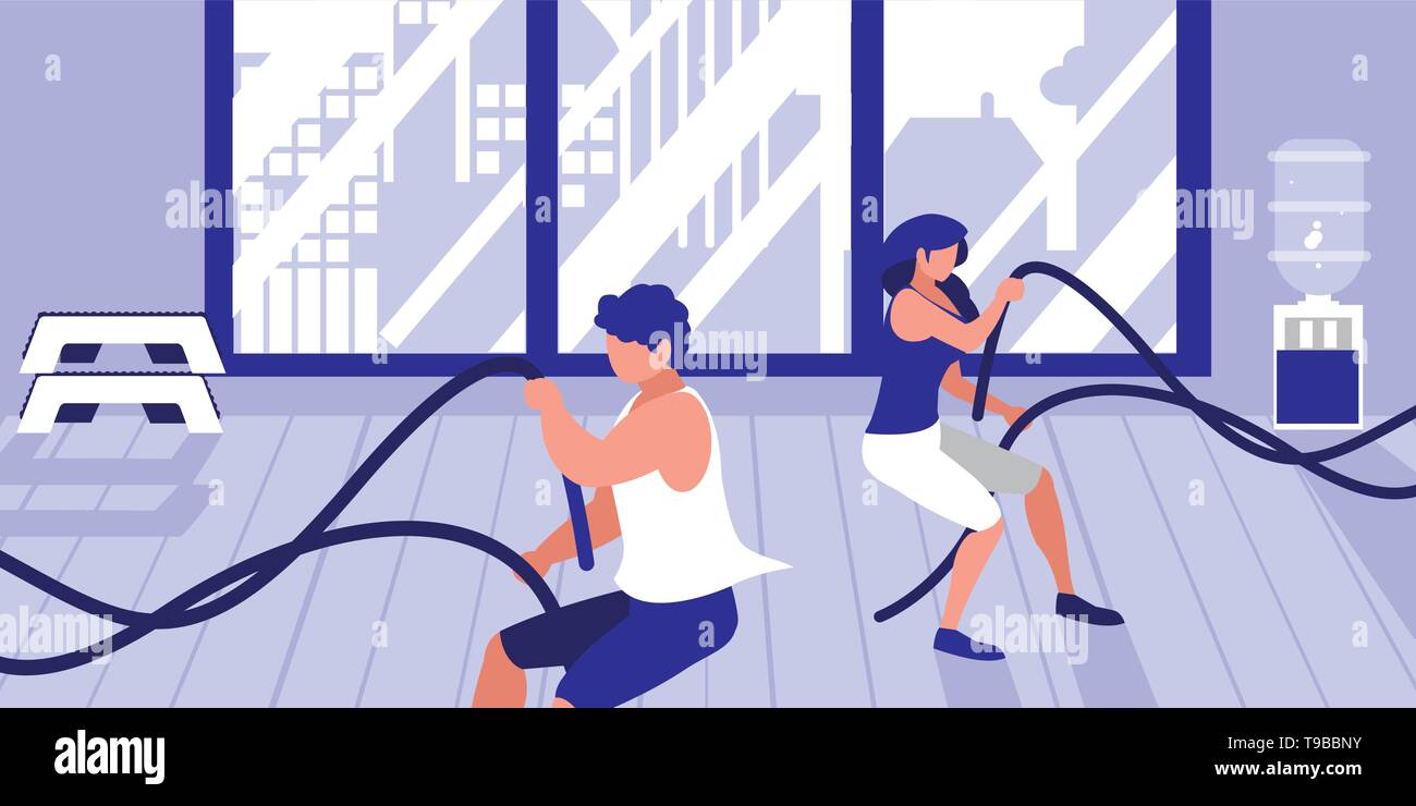 young athletic couple with rope sport in gym vector illustration design ...
