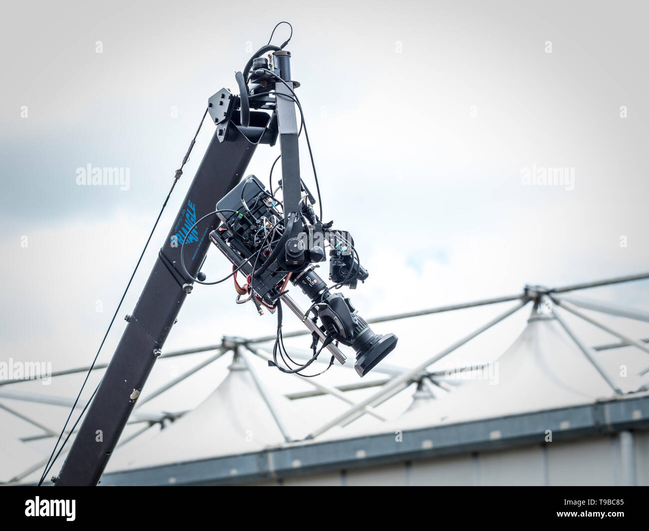 TV Broadcast camera on large boom at outside broadcast Stock Photo