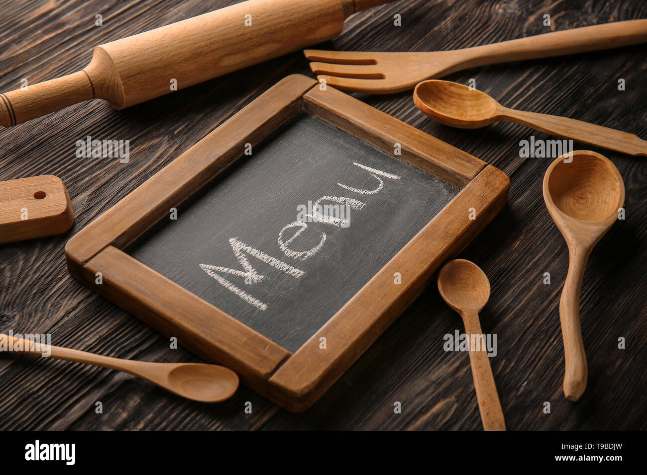 Menu Board With Utensils On Wooden Table Stock Photo Alamy