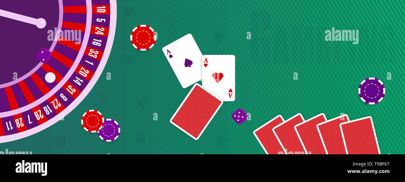 Vector illustration or cover for a site about gambling. Chips, roulette wheel, cards, dices on the background of the table with green cloth Stock Vector
