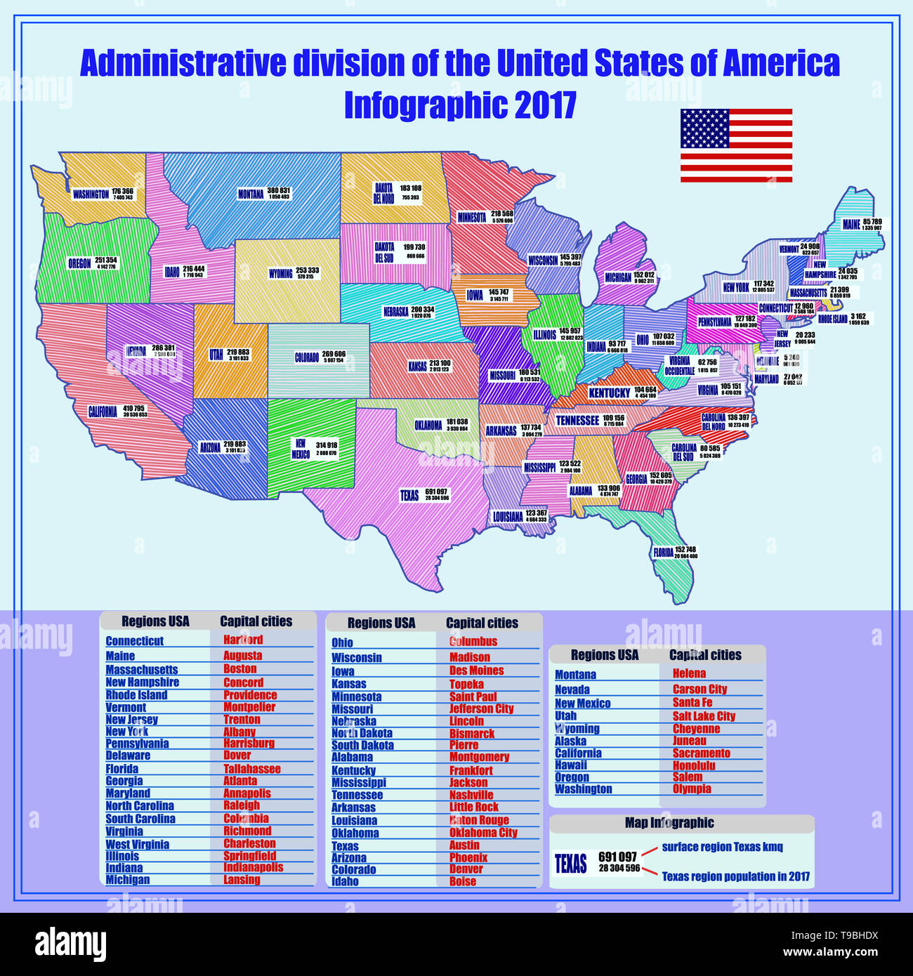 Bright illustration with map of United States of America with division ...
