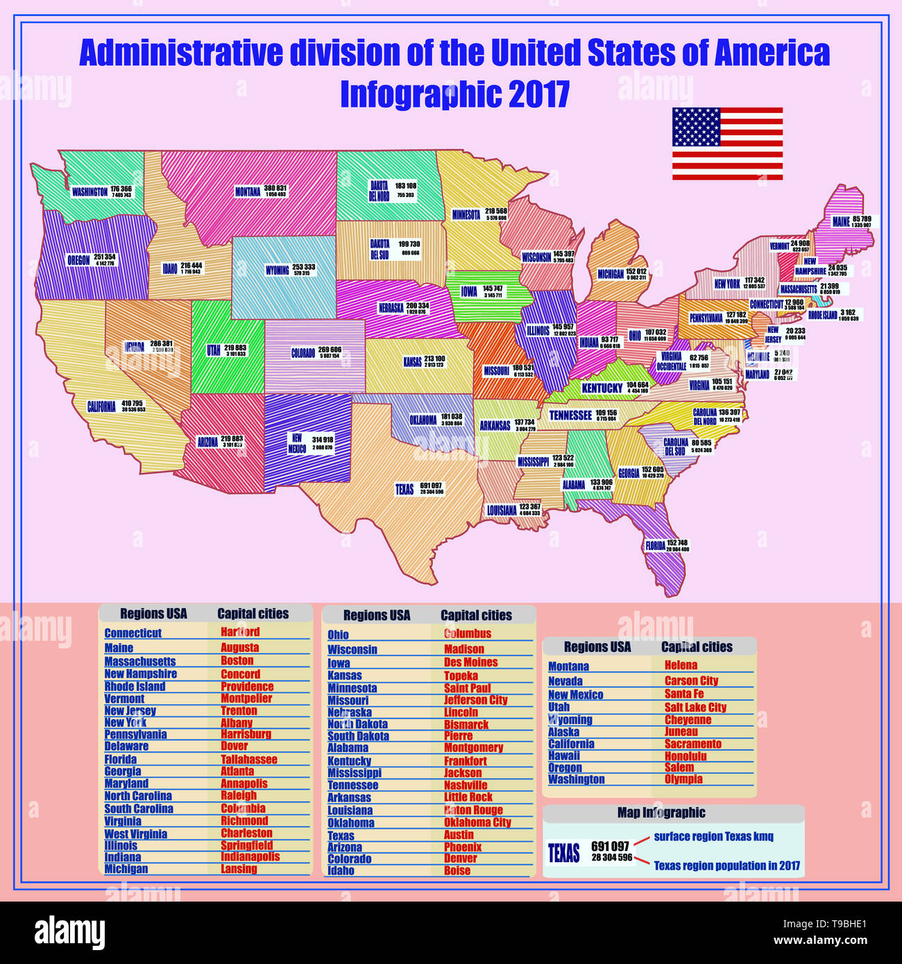 Bright illustration with map of United States of America with division ...