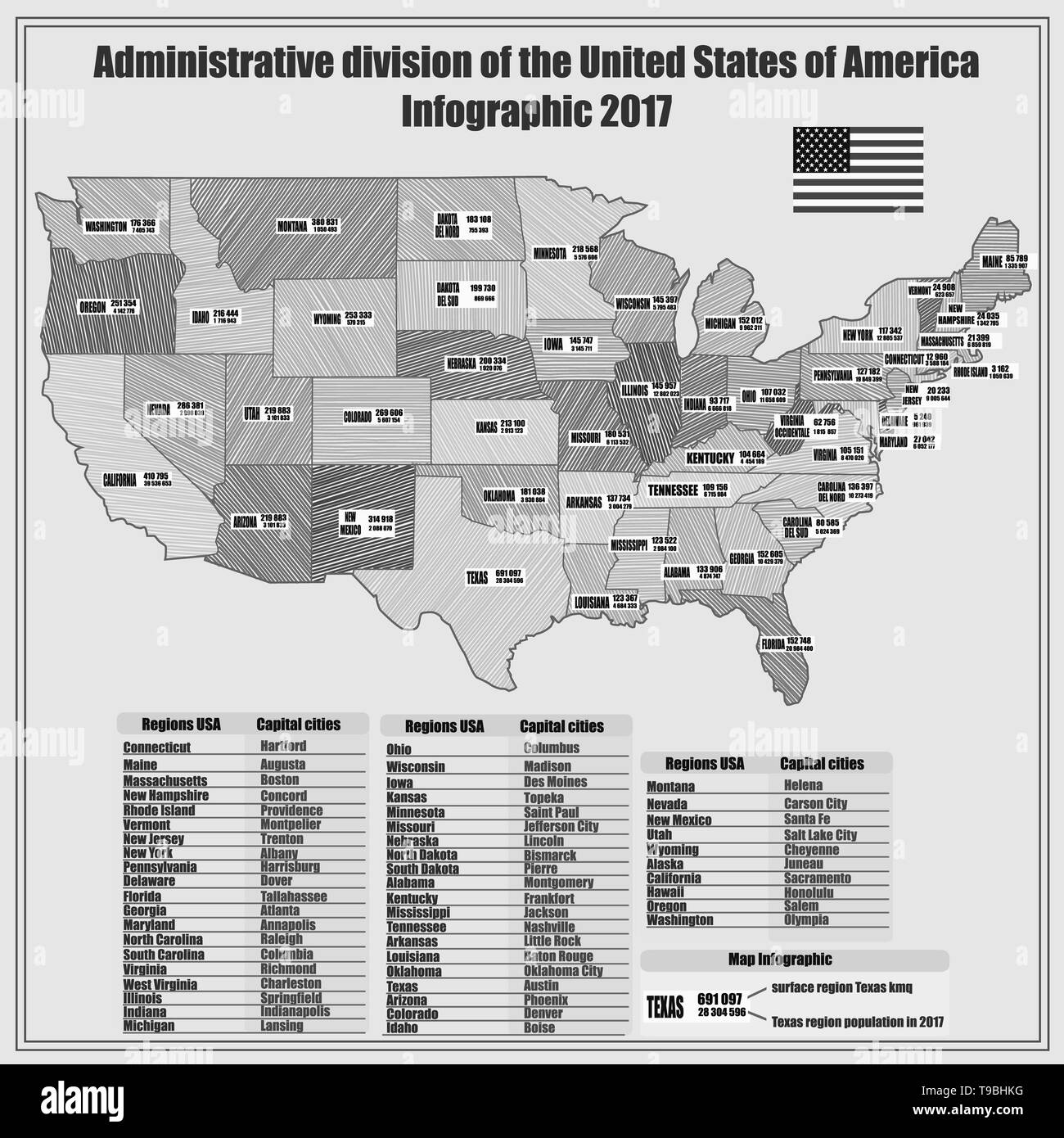 Abstract map of USA with regions and informations. Black and white illustration with map of United States of America with division and info graphic. Stock Photo