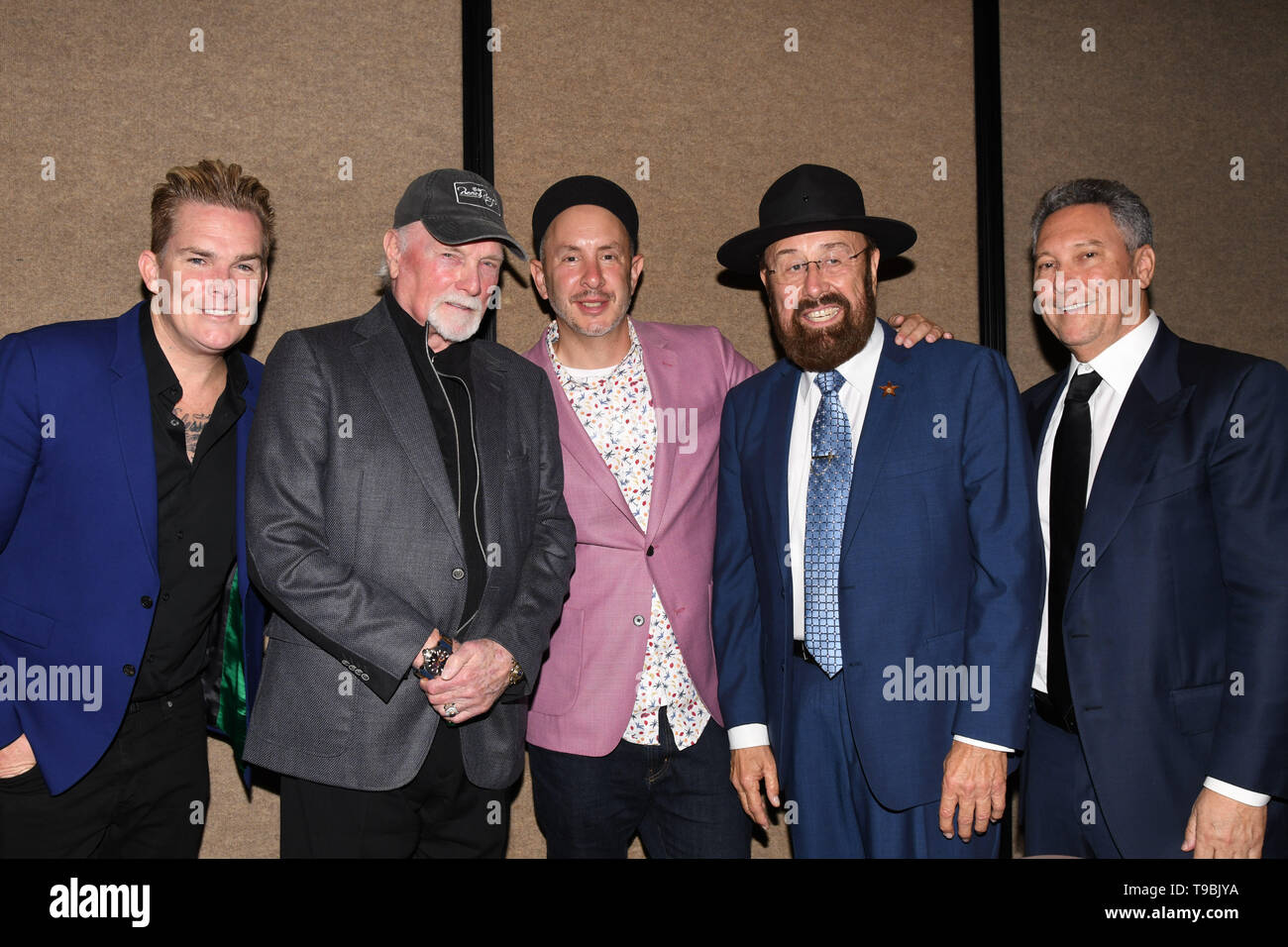 May 17, 2019 - Van Nuys, California, USA - Mark McGrath, Mike Love, Scott Totten, ''Shotgun'' Tom Kelly and Jeff Franklin attends Pacific Pioneer Broadcasters Honoring Mike Love with the Art Gilmore Career Achievement Award at Airtel Plaza Hotel in Van Nuys, California. (Credit Image: © Billy Bennight/ZUMA Wire) Stock Photo